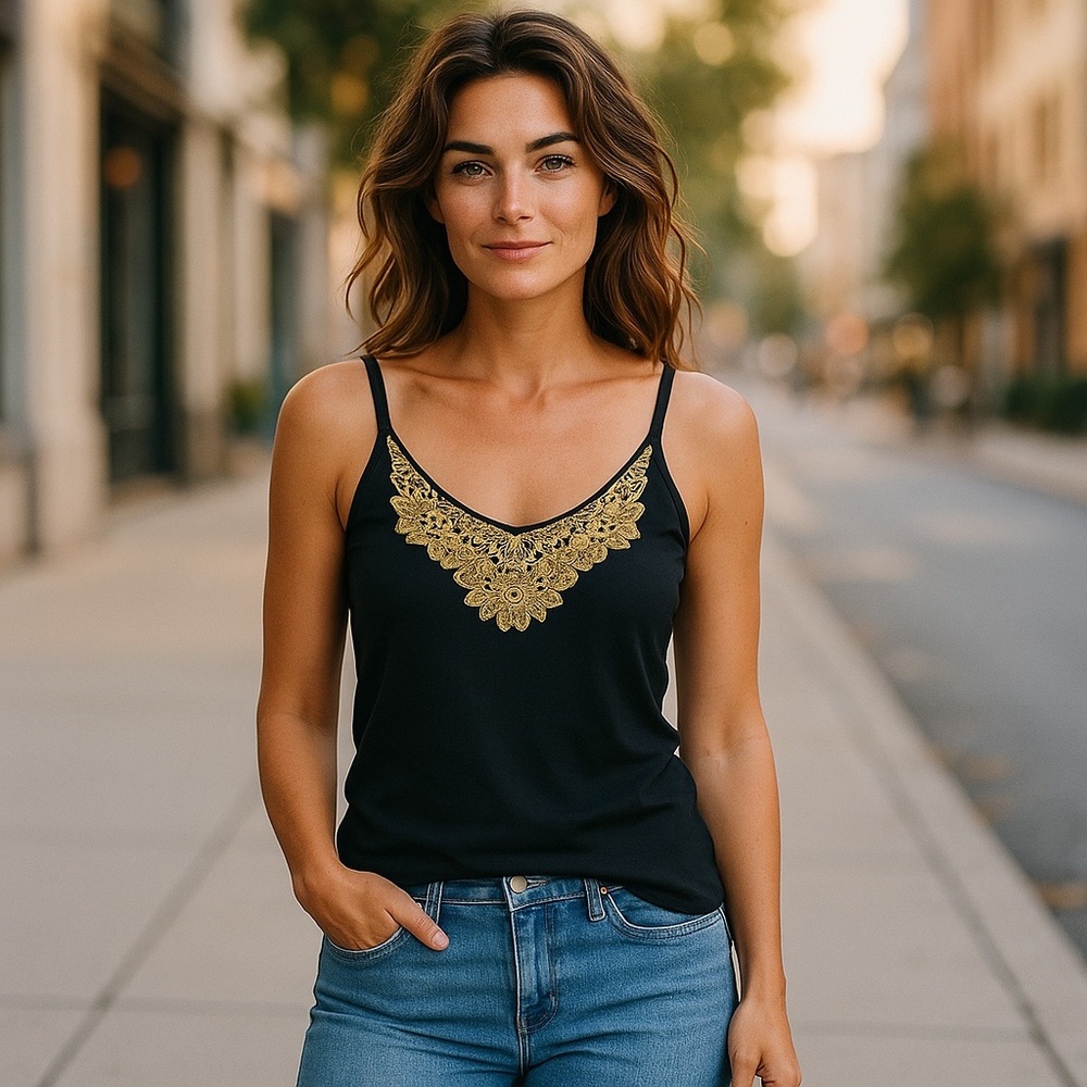 TANK TOP WITH LACE NWOT Black Cotton V-neck gold lame lace form fitting